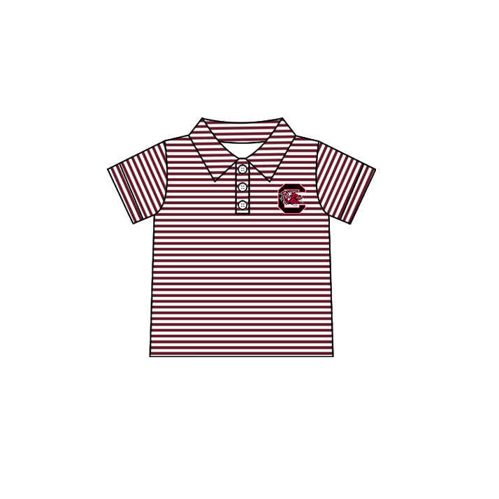 Preorder (moq 5)Baby Boys Short Sleeves Dark Red Stripes Button Bull C Team Polo Shirts Top