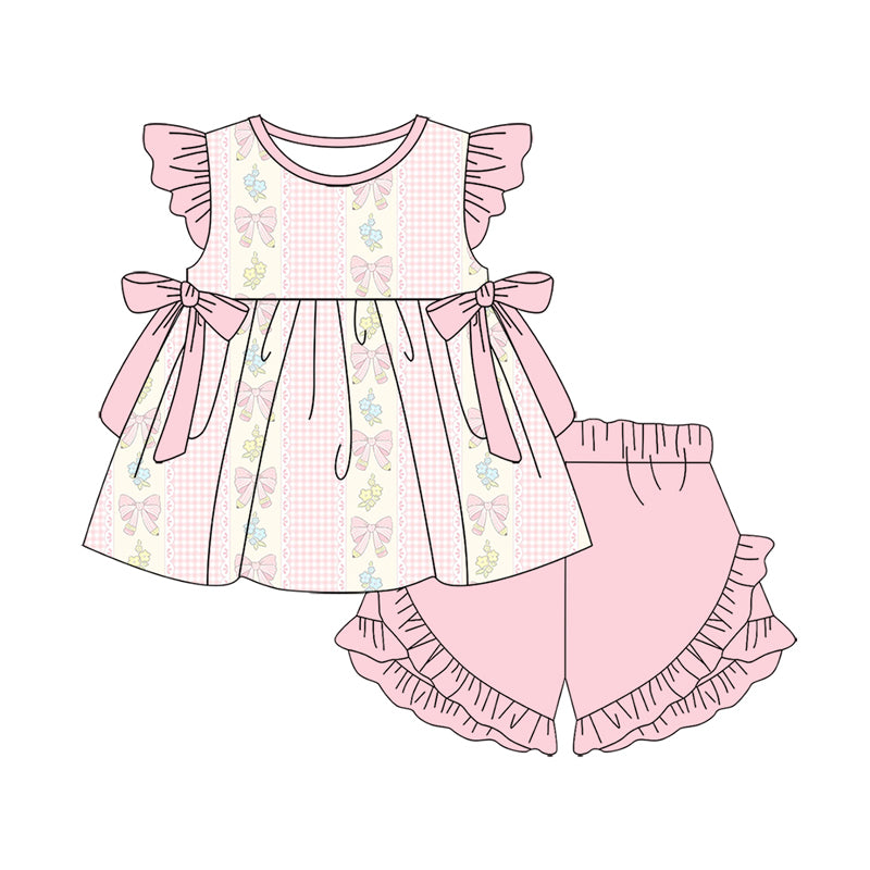 Preorder (moq 5)Baby Girls Flowers Pencil Bows Tunic Ruffle Shorts Back to School Clothes Set