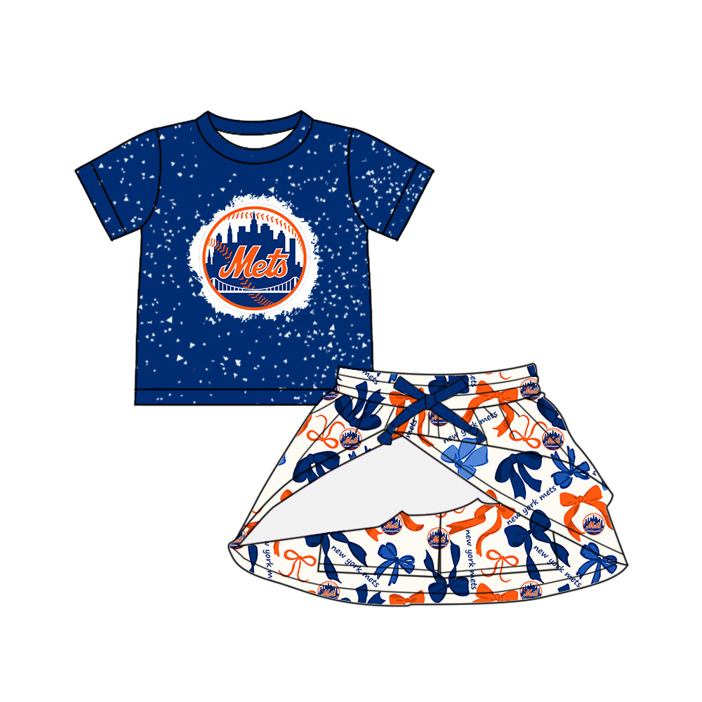 Preorder (moq 5)Baby Girls Navy Short Sleeves Mets Top Bows Plaid Skorts Team Set