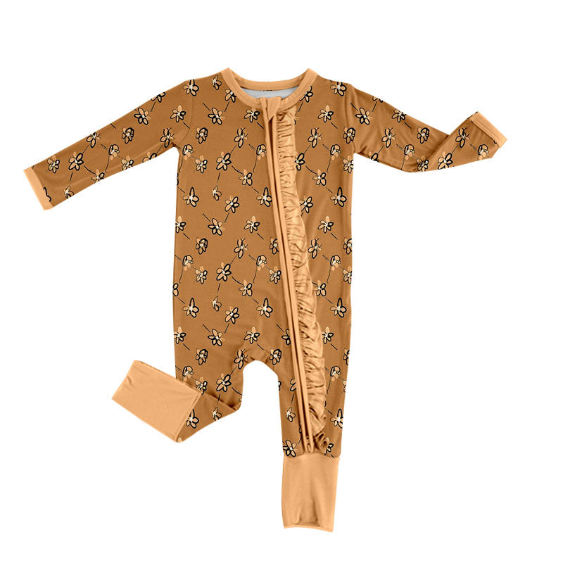 Preorder (moq 5) Baby Girl Clothes Brown Tiny Floral Allover Print Long Sleeve Zip Ruffle Romper