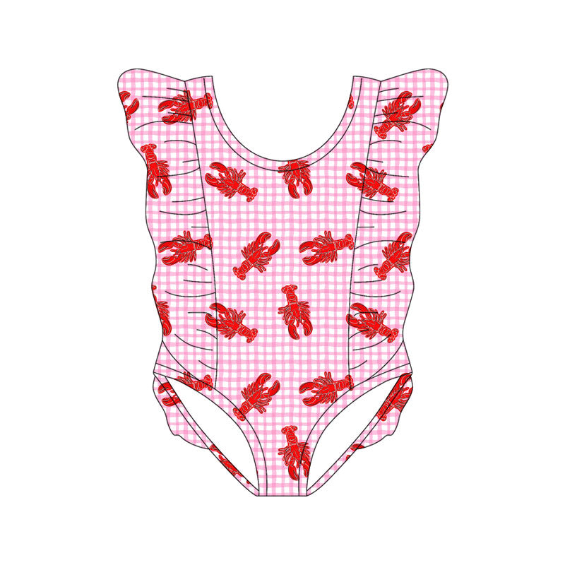 Preorder(moq 5) Baby Girls Pink Checked Crayfishes Ruffle Swimsuits