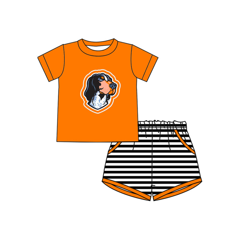 Preorder (moq 5)Baby Boys Orange Dog Top Stripe Pockets Shorts Team Clothes Set