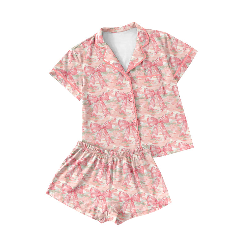 Preorder moq 5 Adult Women Short Sleeves Peach Camo Bows Button Top Short Pajamas Set