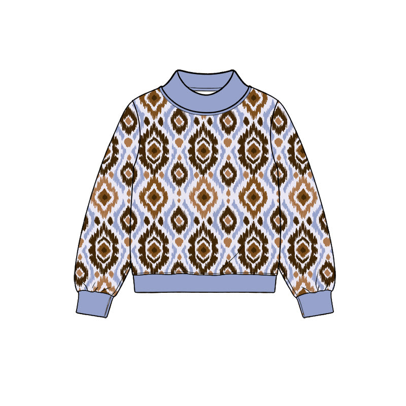 Preorder (moq 5) Baby Boy Clothes Western Ikat Diamond Geometric Print Long Sleeve Mock Neck Top