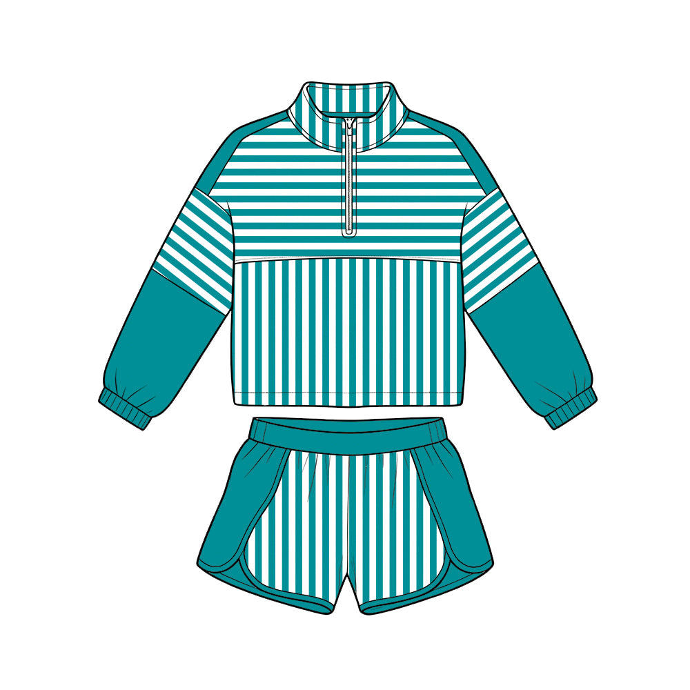 Preorder (moq 5)Baby Girls Long Sleeve Aqua Stripe Zip Pullovers Short Clothes Set