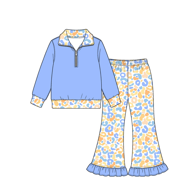 Preorder (moq 5) Baby Girl Clothes Classic Leopard Print Long Sleeve Half Zip Top Ruffle Flare Pant Set