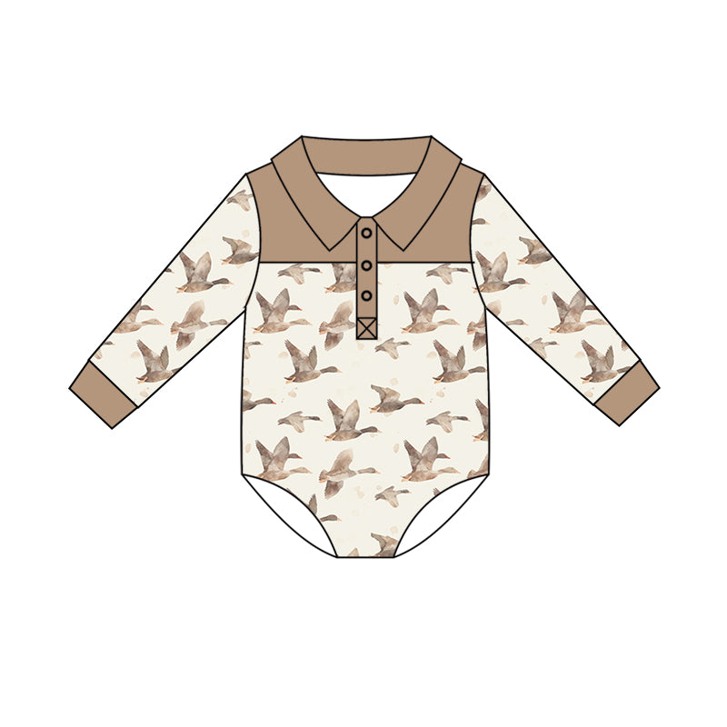Preorder (moq 5)Baby Boys Long Sleeve Ducks Button Hunting Rompers