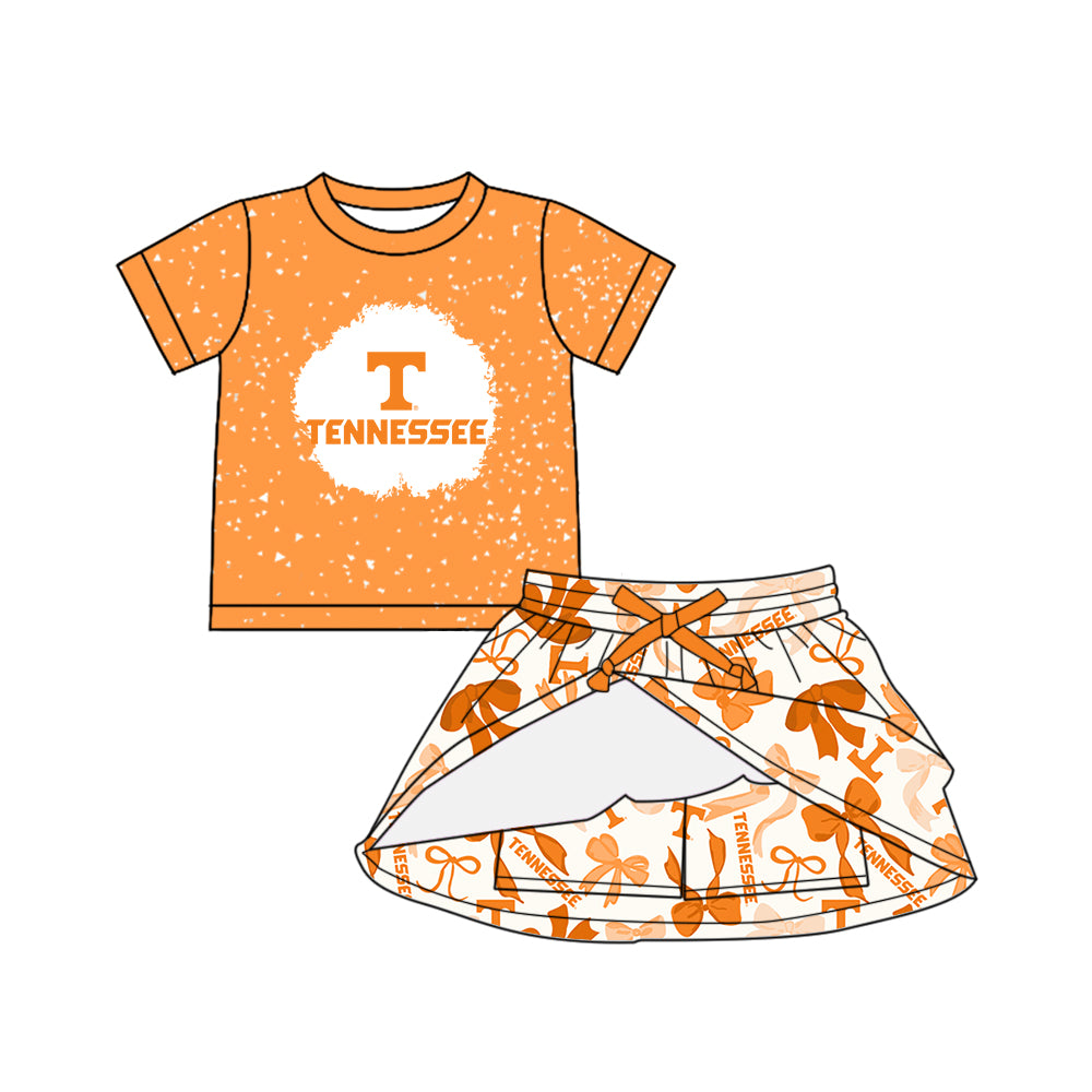 Preorder (moq 5)Baby Girls Orange Short Sleeves Tennessee Top Bows Plaid Skort Team Set