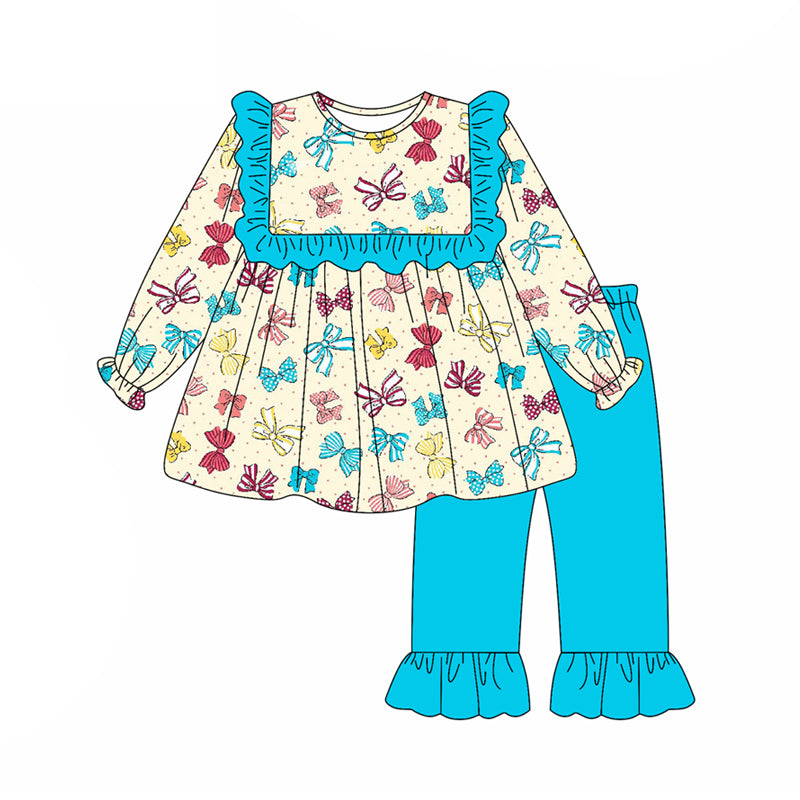 Preorder (moq 5)Baby Girls Long Sleeves Colorful Bows Plaid Tunic Blue Ruffle Pant Set