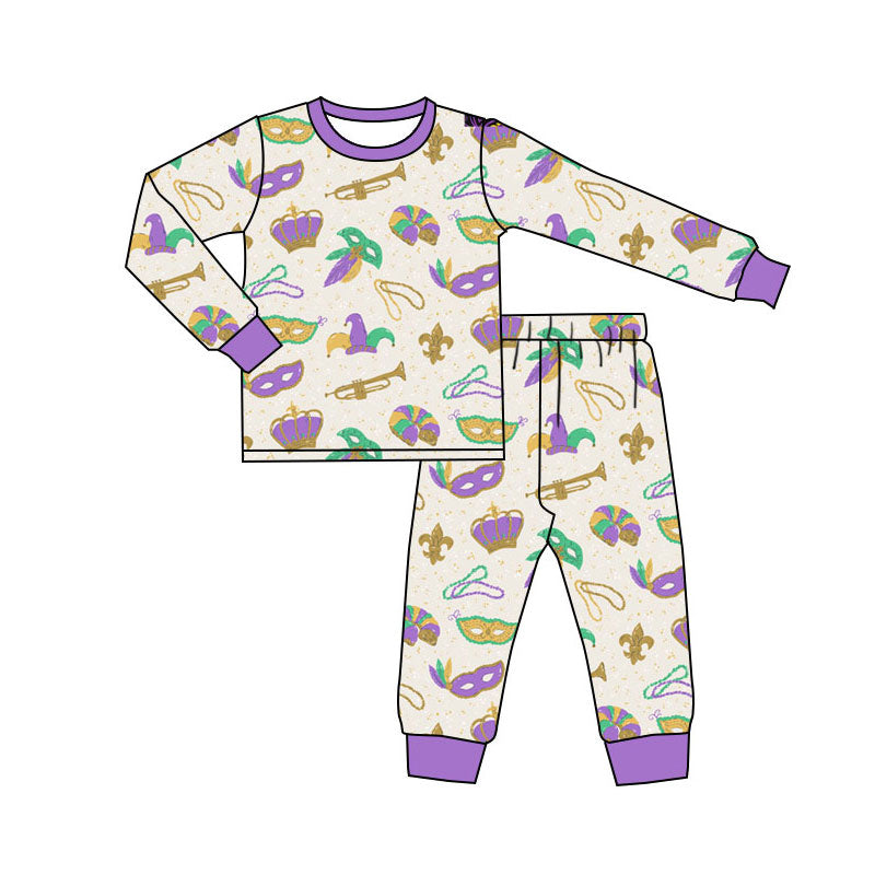Preorder(moq 5) Baby Boys Mardigras Long Sleeve Anchors Masks Top Pants Pajamas Sets