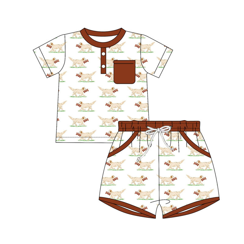 Preorder(moq 5) Baby Boys Dogs Plaid Button Top Pocket Shorts Clothes Sets
