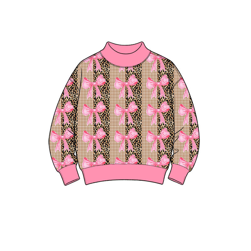 Preorder (moq 5) Baby Girl Clothes Leopard Gingham Pink Bow Mixed Print Long Sleeve Mock Neck Top