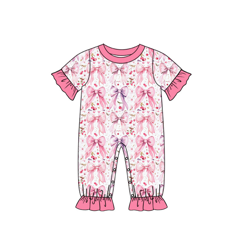 Preorder (moq 5) Baby Girl Clothes Pink Purple Bow Cherry Mixed Print Short Sleeve Ruffle Romper