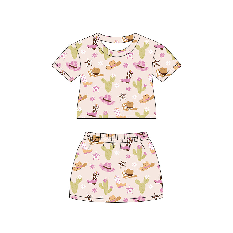 Preorder (moq 5)Baby Girls Hats Boots Cactus Top Skirt Shorts Western Clothes Set