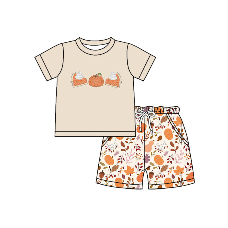 Preorder (moq 5)Baby Boys Khaki Short Sleeves Pumpkins Cakes Top Floral Pockets Shorts Set
