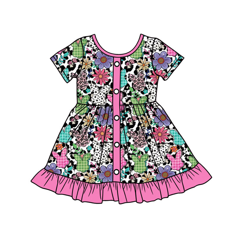 Preorder (moq 5)Baby Girls Colorful Rabbits Leopard Easter Button Ruffle Knee Length Dress