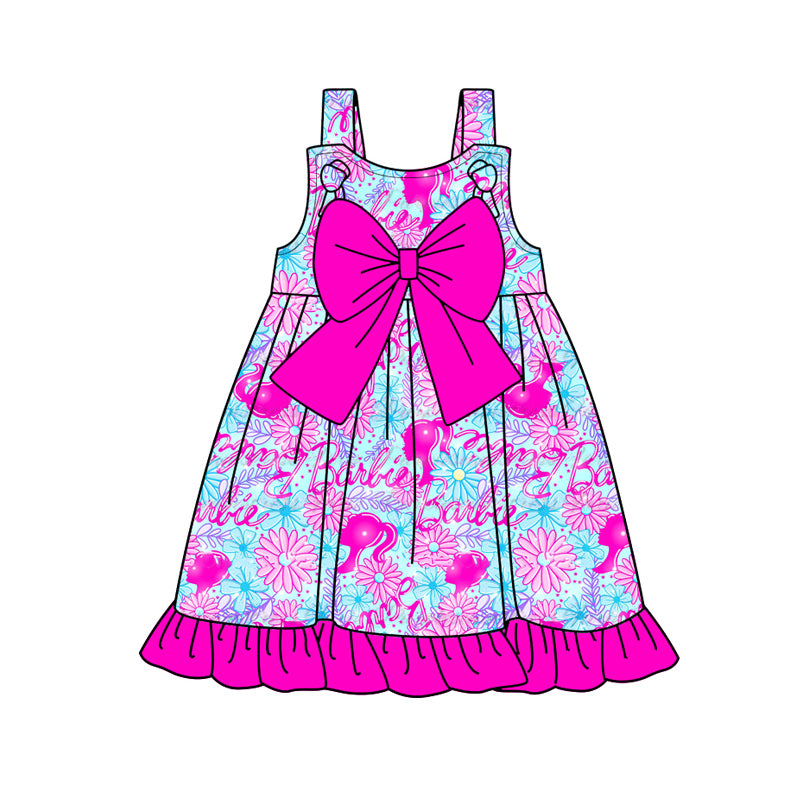 Preorder (moq 5)Baby Girls Pink Doll Bows Flowers Knee Length Dresses