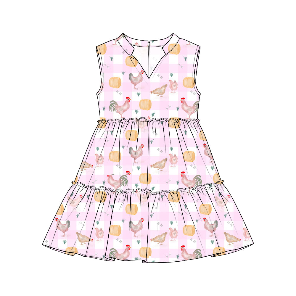 Preorder (moq 5) Girls Collared Sleeveless Tiered Dresses, Pink Plaid Farm Chicken & Pumpkin Print, Fall Harvest Thanksgiving Outfit
