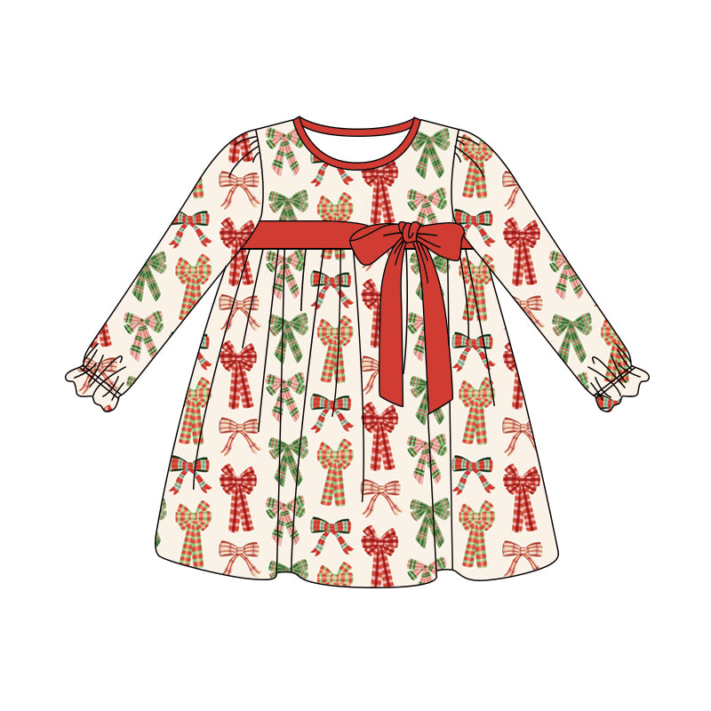 Preorder (moq 5)Baby Girls Long Ruffle Sleeves Plaid Bows Knee Length Dresses