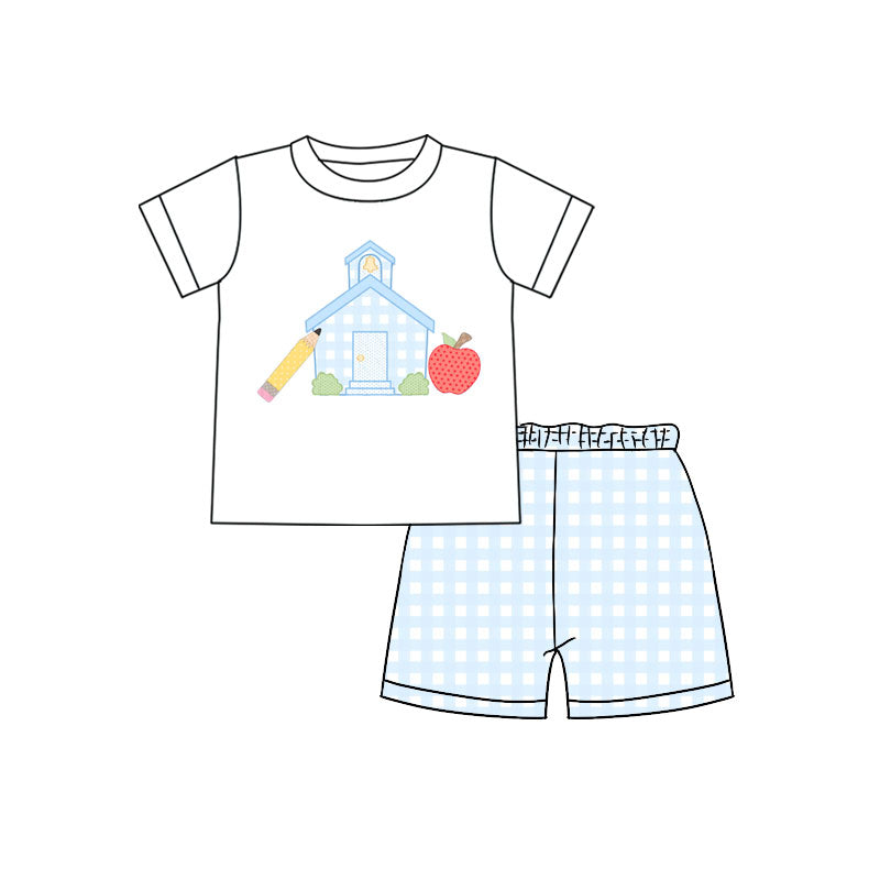 Preorder (moq 5)Baby Boys Pencil Apples Top Checked Short Back to School Sets