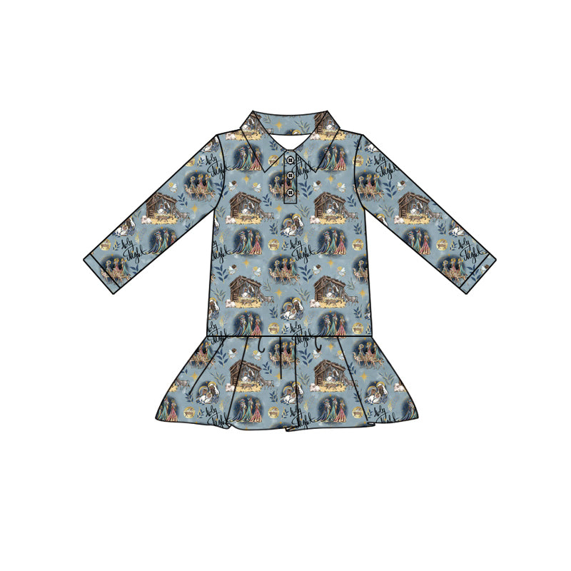 Preorder (moq 5)Baby Girls Long Sleeves Christmas Nativity Button Ruffle Knee Length Dresses