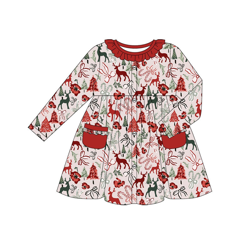 Preorder (moq 5)Baby Girls Bows Deer Christmas Pockets Knee Length Dresses