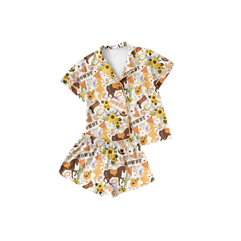 Preorder (moq 5)Baby Girls Yellow Horse Rodeos Buttons Pocket Top Shorts Pajamas Sets