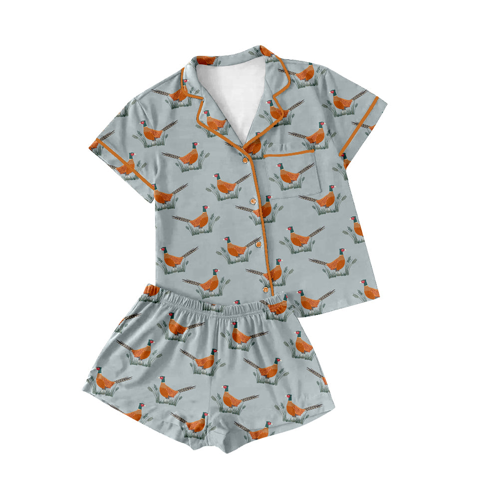 Preorder(moq 5)Adult Women Wild Chicken Lapel Button Tee Shirts Shorts Pajamas Sets