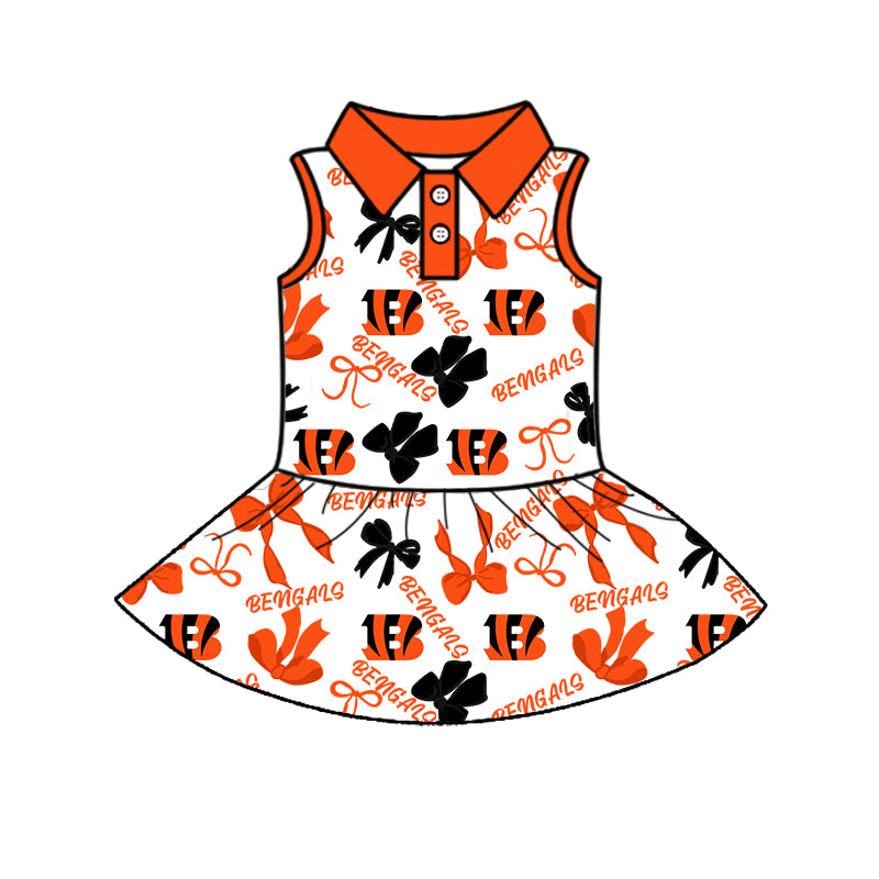 Preorder (moq 5)Baby Girls Red Sleeveless Bengals Bows Plaid Button Team Knee Length Dresses