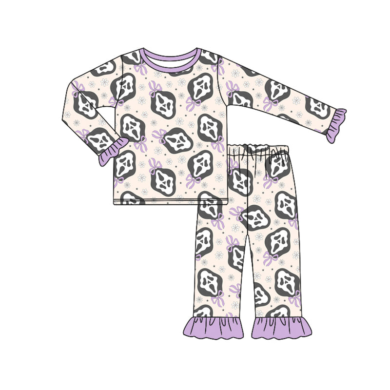 Preorder (moq 5)Baby Girls Lavender Long Ruffle Sleeves Bows Ghosts Top Pant Pajamas Set