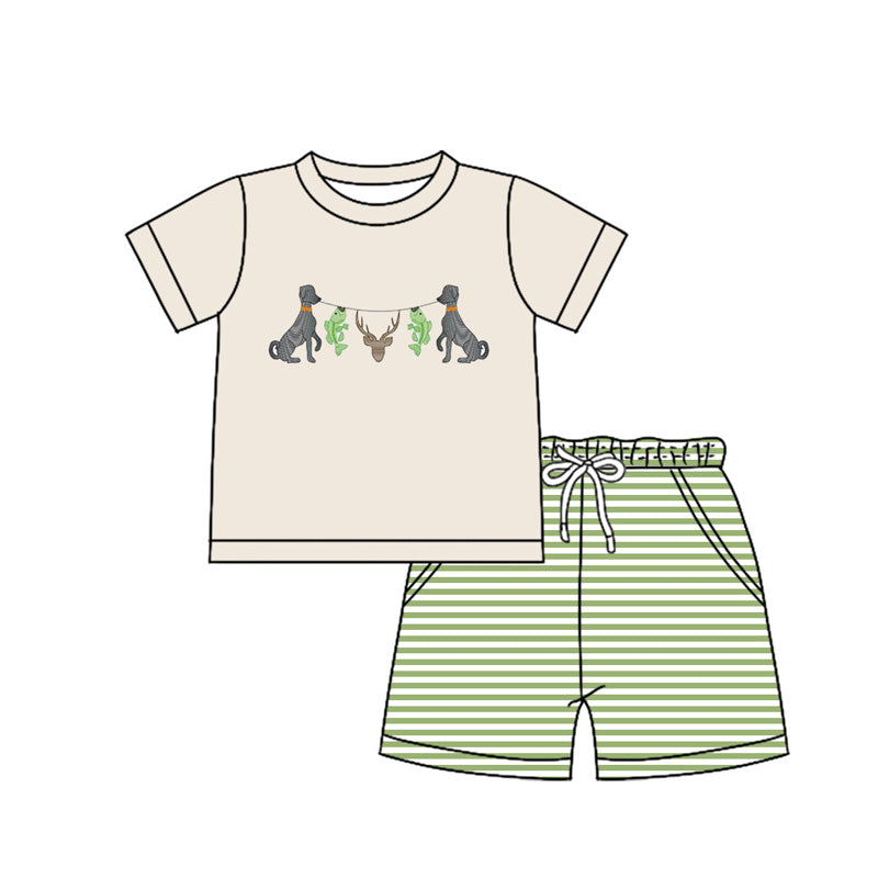 Preorder (moq 5)Baby Boys Dog Fishing Deer Shirt Pockets Shorts Clothes Sets