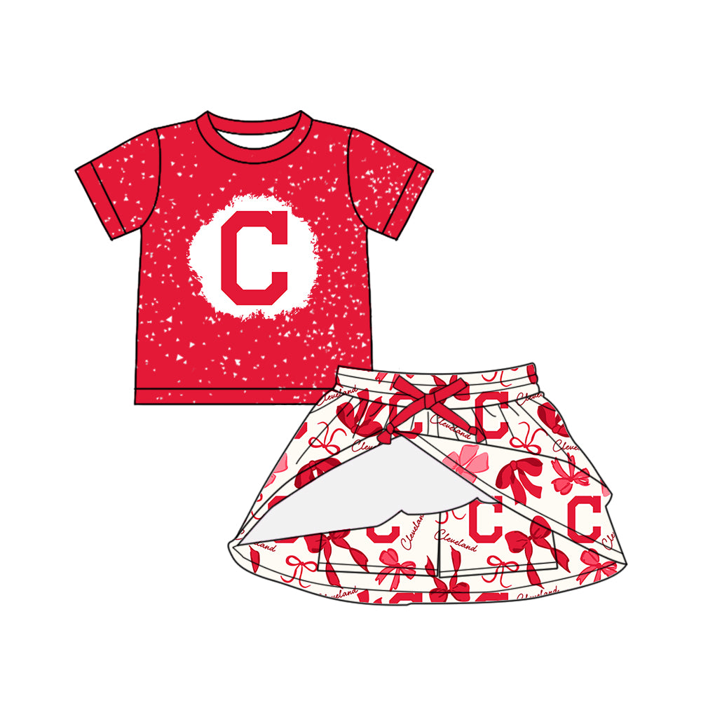 Preorder (moq 5)Baby Girls Red Short Sleeves C Top Bows Plaid Skorts Team Sets