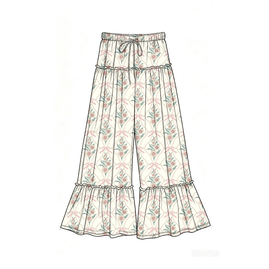 Preorder (moq 5)Baby Girls Bows Flowers Checked Bell Bottom Pants