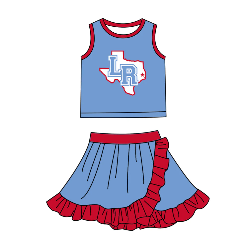 Preorder (moq 5)Baby Girls Light Blue LR Vest Top Ruffle Skirt Short Team Clothes Sets