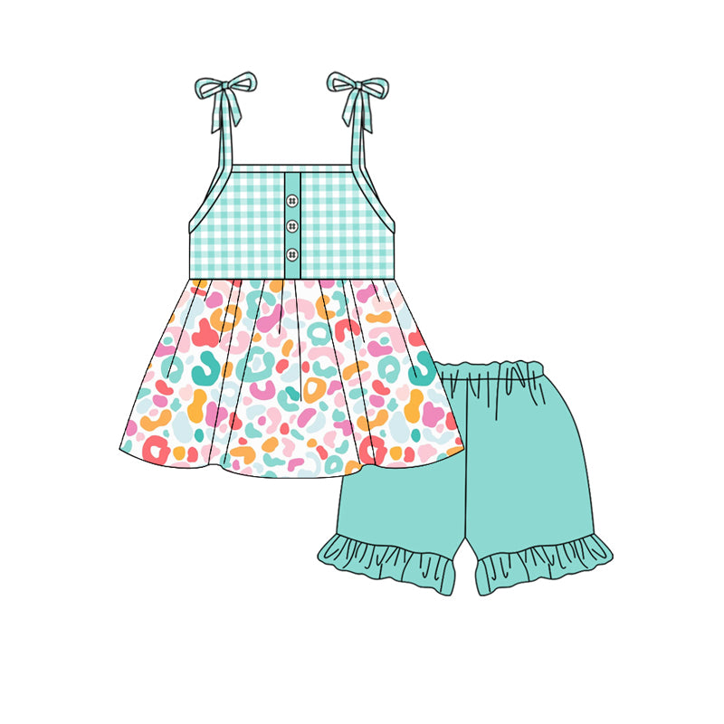 Preorder moq 5 Baby Girls Strap Aqua Plaid Button Colorful Leopard Tunic Ruffle Short Set