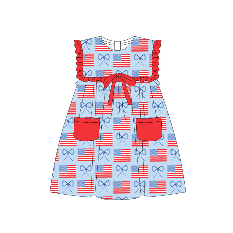 Preorder moq 5 Baby Girls Red Sleeveless Flags Pockets 4th Of July Knee Length Dresses