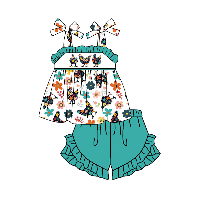 Preorder (moq 5)Baby Girls Chicken Flowers Straps Tunic Ruffle Shorts Clothes Sets