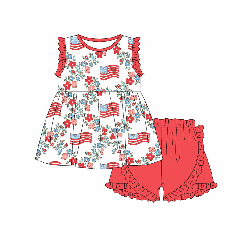 Preorder moq 5 Baby Girls Peach Sleeveless Flags Flowers Tunic Ruffle Short 4th Of July Set