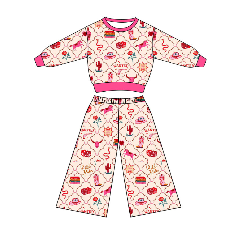 Preorder(moq 5) Baby Girls Howdy Cactus Bull Skulls Top Flare Pants Western Clothes Sets