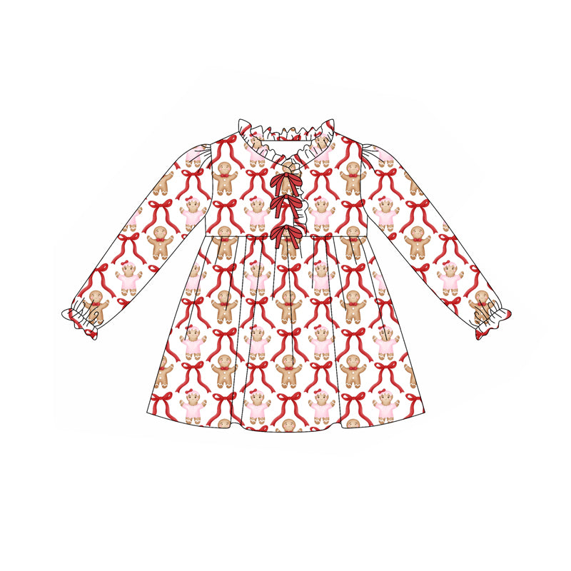 Preorder (moq 5)Baby Girls Christmas Gingerbread Bows Ruffle Knee Length Dresses