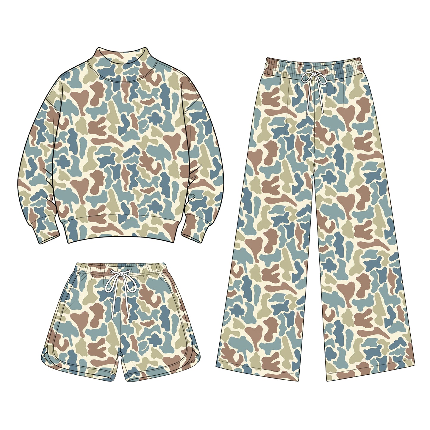 Preorder (moq 5) Baby Girls Camo Shirt Shorts Flare Pants Team Three Pieces Clothes Sets