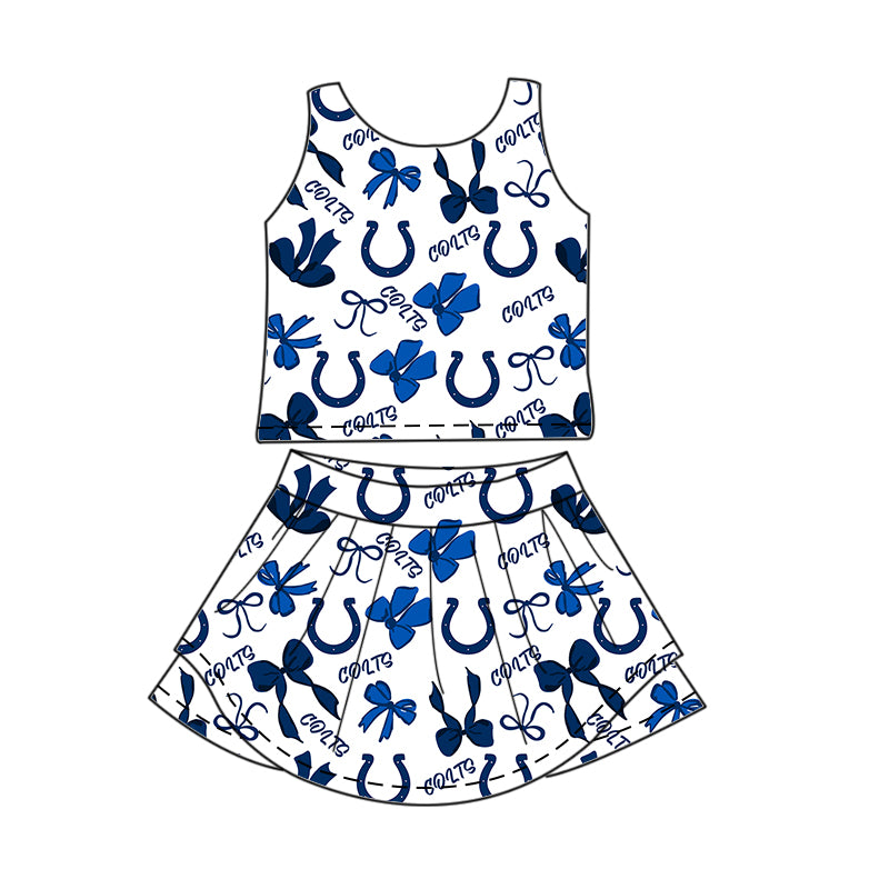 Preorder (moq 5)Baby Girls Blue Sleeveless Bows Plaid Colts Top Skort Team Set