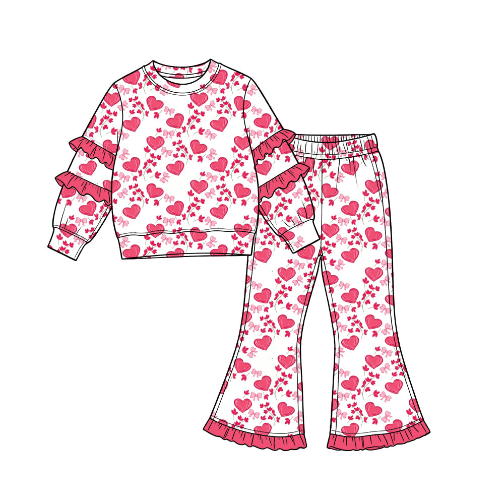 Preorder (moq 5) Baby Girl Clothes Pink Heart Floral Allover Print Long Sleeve Tiered Ruffle Top Ruffle Flare Pant Set