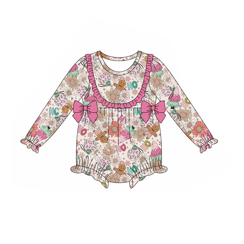 Preorder moq 5 Baby Girls Pink Long Ruffle Sleeves Flowers Gingerbread Bows Rompers