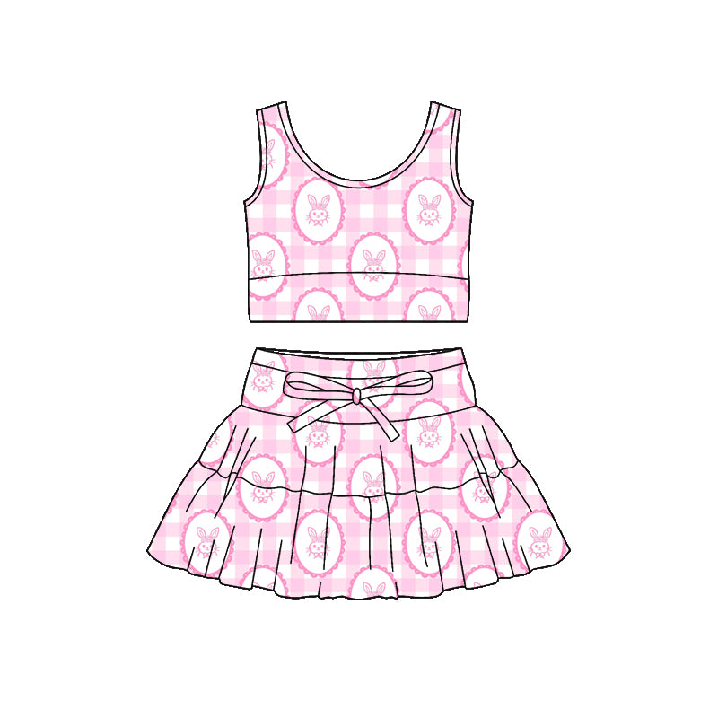 Preorder (moq 5)Baby Girls Pink Checked Rabbits Vest Top Skirt Short Easter Clothes Sets