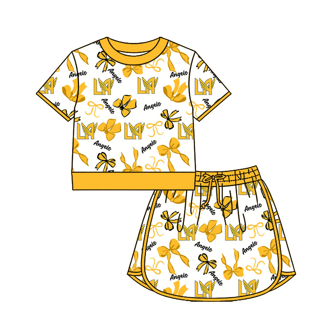 Preorder (moq 5)Baby Girls Bows Angels Top Skirt Short Team Clothes Set
