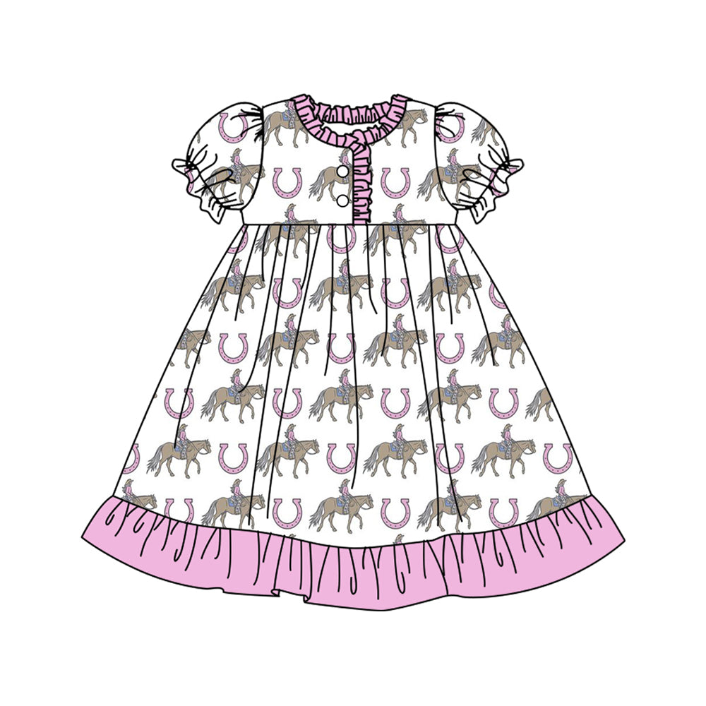 Preorder (moq 5)Baby Girls Spring Rodeo Pink Ruffle Knee Length Gowns Dresses