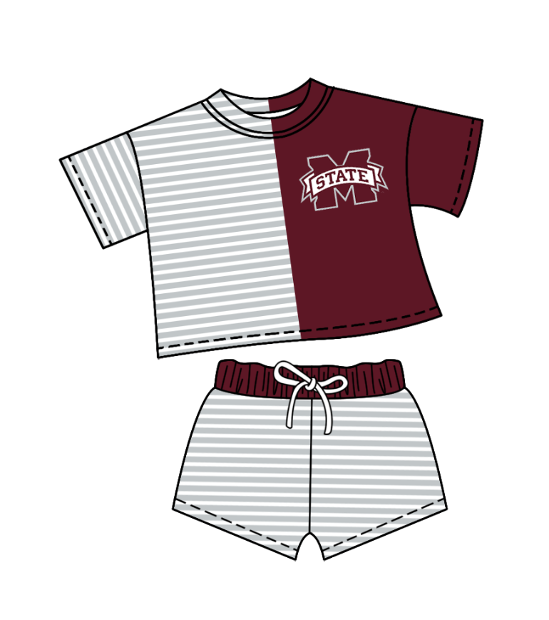 Preorder (moq 5)Baby Girls Grey Stripe M State Top Shorts Team Clothes Sets
