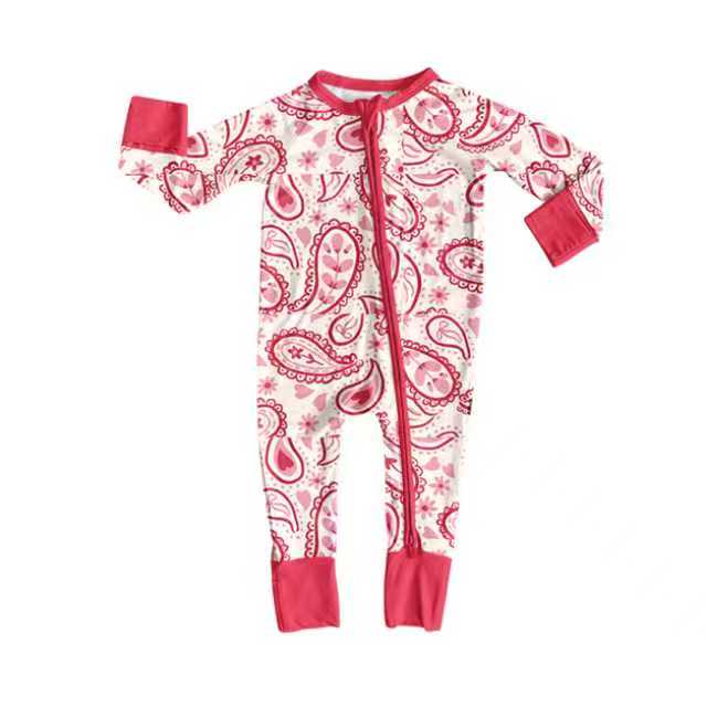 Preorder (moq 20)Baby Girls Bamboo Red Bows Flowers Turquoise Zippy Footie Rompers