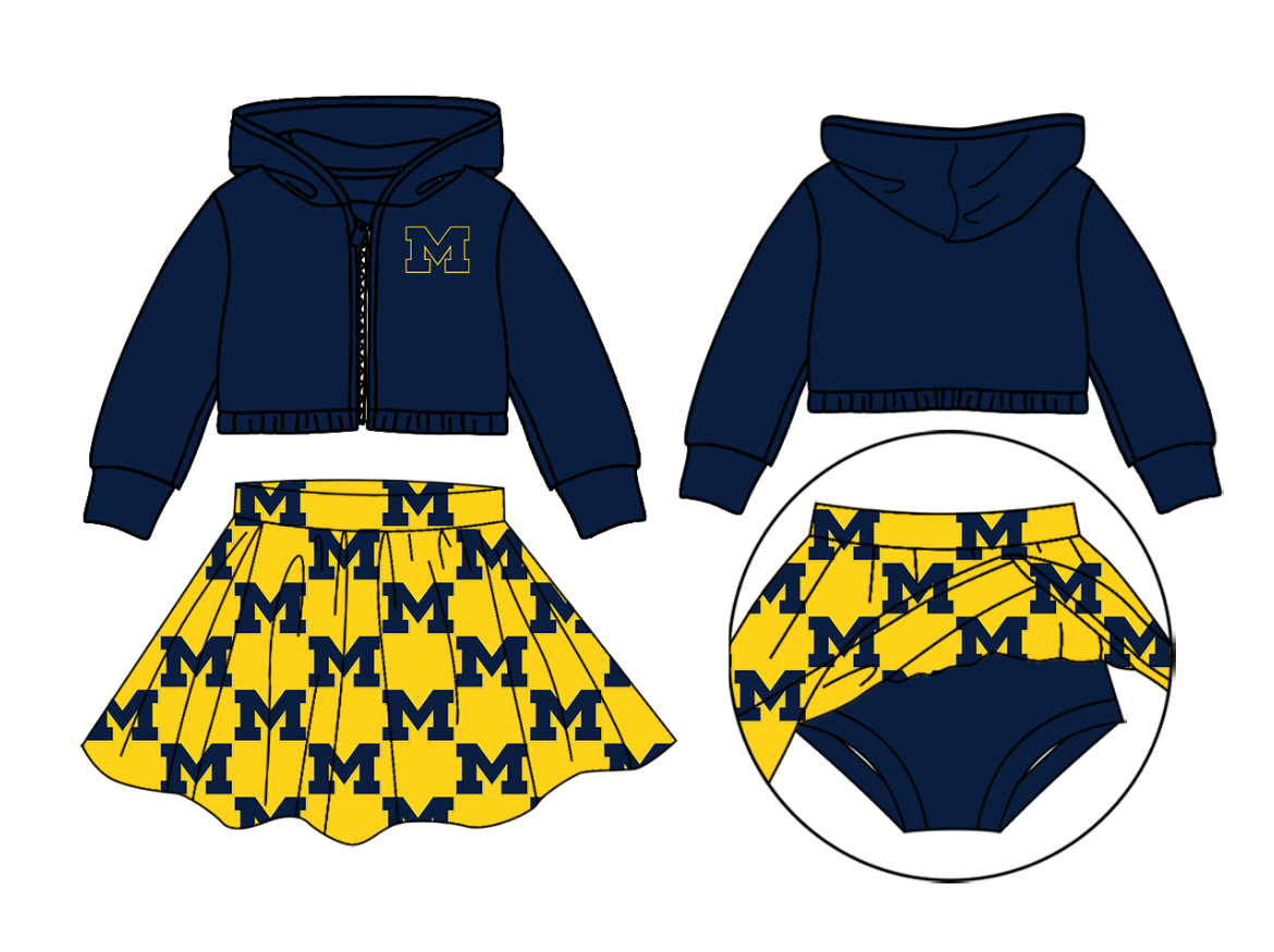 Preorder moq 5 Baby Girls Navy Long Sleeves M Zipper Hoodies Plaid Skorts Team Set